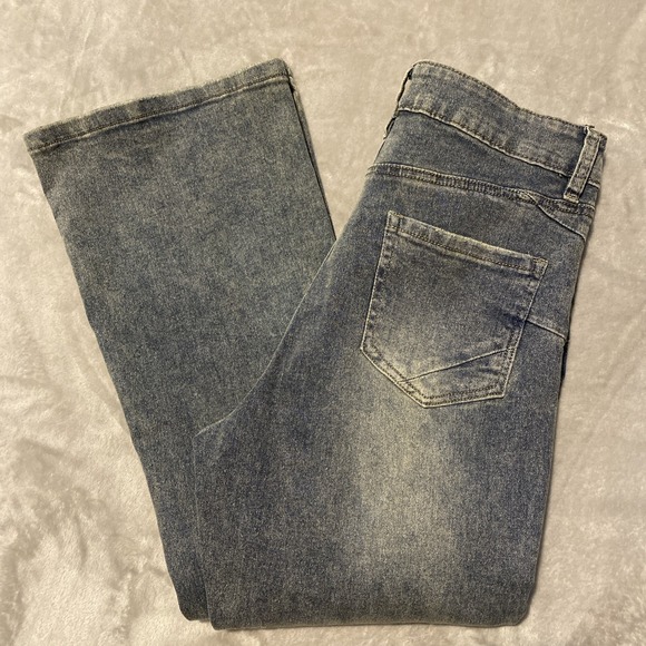 RISE‎ Supply Co Jeans Juniors/ Women Sz 7 Blue Flare High Rise Retro Boho Hippie - Picture 1 of 12